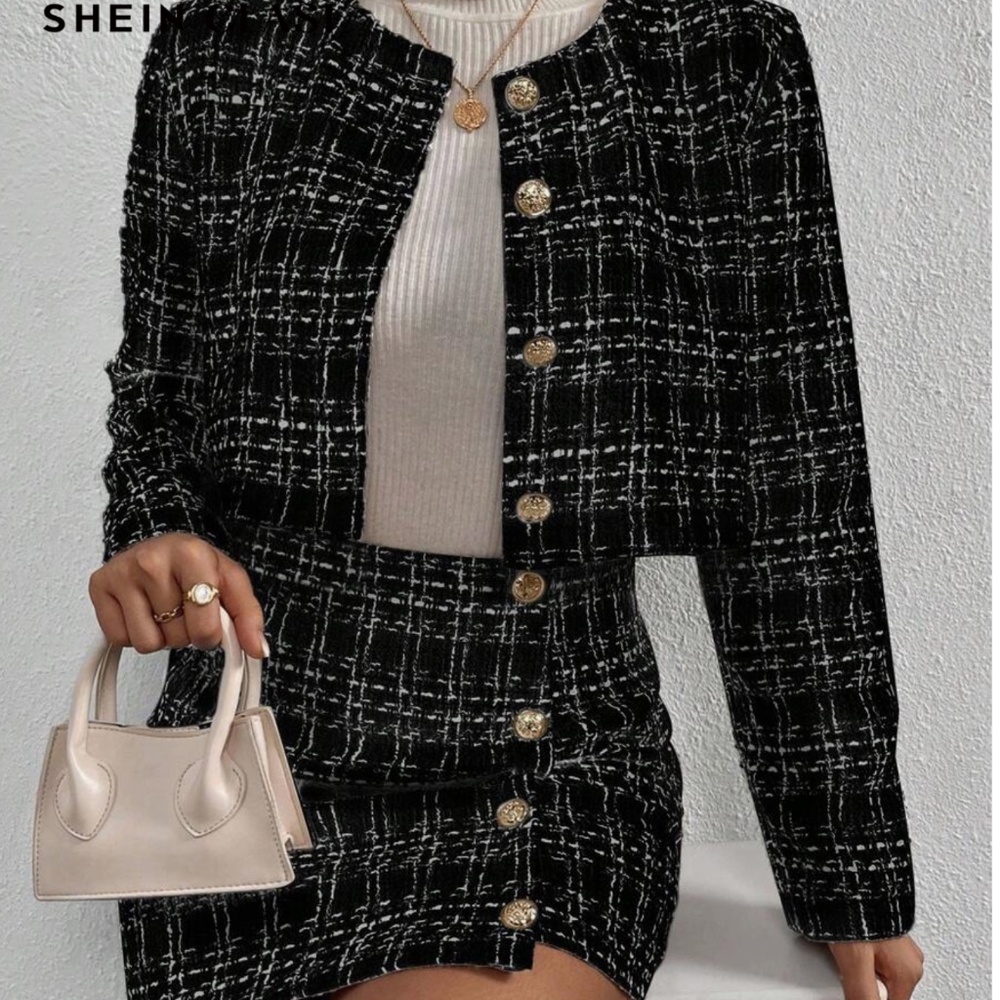 2 piece skirt set: tweed Plaid Cropped blazer Jacket & mini Skirt